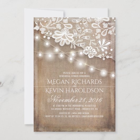 Invitation Rustique Burlap String Lights Dîner de répétition (Devant)