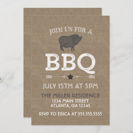 Invitation Rustique Burlap Vintage BBQ Party (Devant / Derrière)