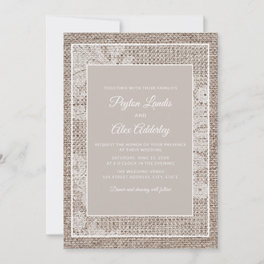 Invitation Rustique Burlap Vintage Élégant Mariage de dentell (Devant)