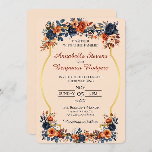 Invitation Rustique Burnt Orange et Mariage bleu (Devant / Derrière)