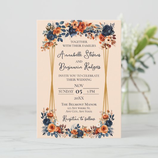 Invitation Rustique Burnt Orange et Mariage bleu (Debout devant)
