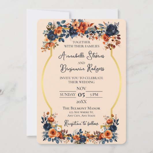 Invitation Rustique Burnt Orange et Mariage bleu (Devant)