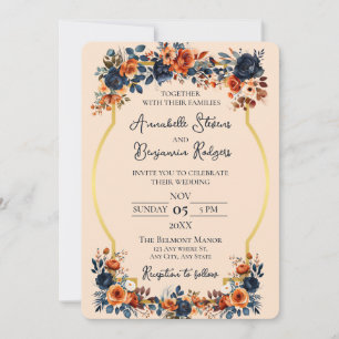 Invitation Rustique Burnt Orange et Mariage bleu
