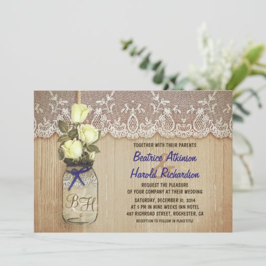 Invitation rustique campagne mason jarre fleurs vertes mariag (Debout devant)