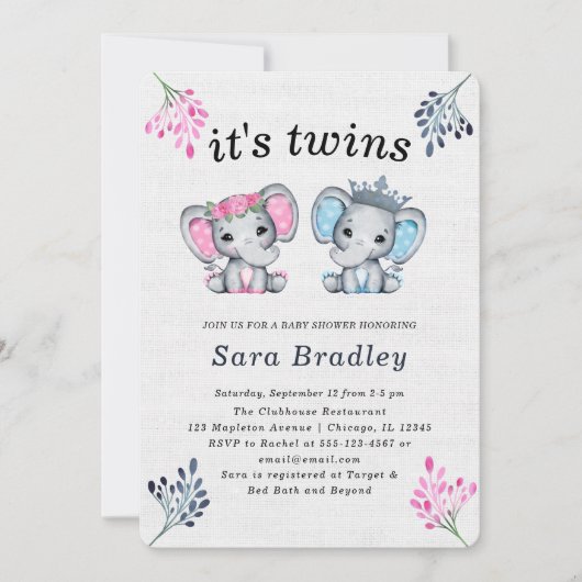 Invitation Rustique C'est Twins burlap éléphant baby shower (Devant)
