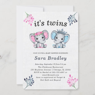 Invitation Rustique C'est Twins burlap éléphant baby shower