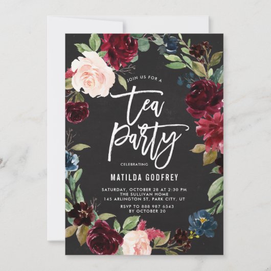 Invitation Rustique Chalkboard Automne Floral Frame Tea Party (Devant)