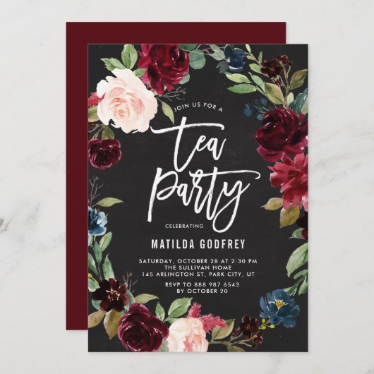Invitation Rustique Chalkboard Automne Floral Frame Tea Party (Devant / Derrière)