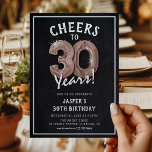 Invitation Rustique Chalkboard Rose Gold Balloons 30e anniver<br><div class="desc">Fêter ses 30 ans ! Ces invitations de fête de 30 ans sont conçus avec le titre "Cheers to 30 Years!". Doté d'un arrière - plan rustique en damier,  d'or rose numéro trente ballons d'hélium,  d'une typographie blanche branchée et d'un modèle de fête d'anniversaire simple et facile à customiser.</div>