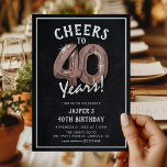 Invitation Rustique Chalkboard Rose Gold Balloons 40e anniver<br><div class="desc">40 ans de fête ! Ces invitations de fête du 40e anniversaire sont conçus avec le titre "Cheers to 40 Years!". Doté d'un arrière - plan rustique en damier, de ballons d'hélium rose numéro d'or quarante, d'une typographie blanche branchée et d'un simple modèle de fête d'anniversaire qui est facile à...</div>