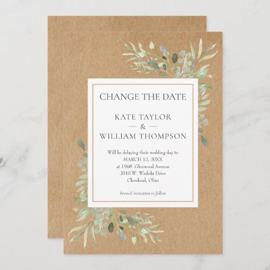 Invitation Rustique Changer la date Aquarelle Vert (Devant / Derrière)