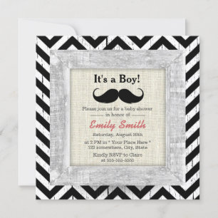 Invitation Rustique Chevron Stripes Mustache Boy Baby shower