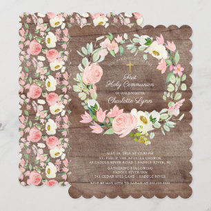 Invitation Rustique Chic Blush rose Floral première communion