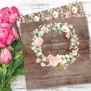 Invitation Rustique Chic Blush rose Floral première communion
