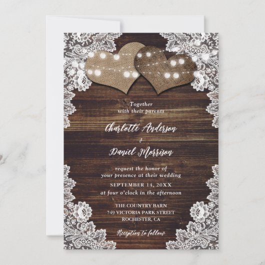 Invitation Rustique Chic Bois Burlap Dentelle Mariage (Devant)