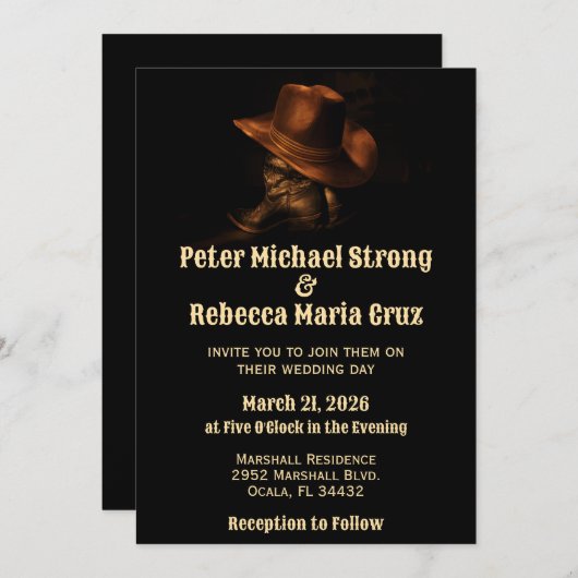 Invitation Rustique Chic Boots Cowboy Pays Mariage Ouest (Devant / Derrière)