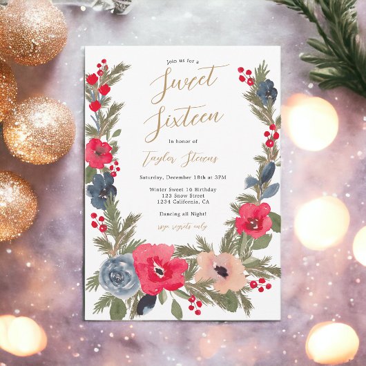 Invitation Rustique chic hiver Floral Aquarelle Sweet 16