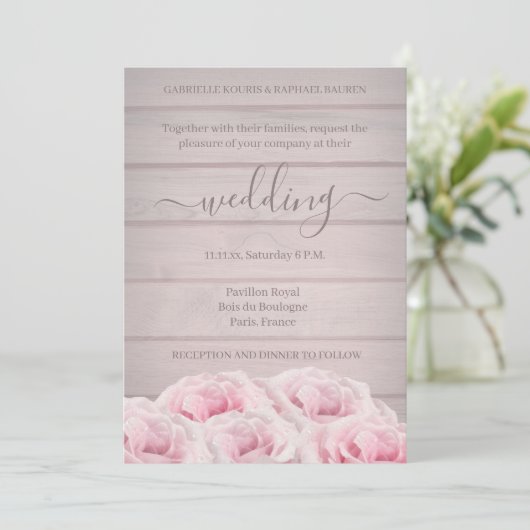 Invitation Rustique Chic Real Roses Rose Mariage en Planche d (Debout devant)