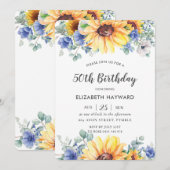 Invitation Rustique Chic Sunflower Bleu Floral Femme Annivers (Devant / Derrière)