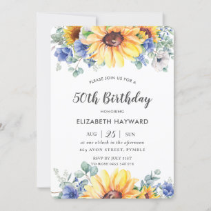 Invitation Rustique Chic Sunflower Bleu Floral Femme Annivers
