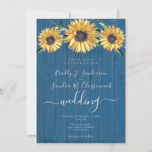 Invitation Rustique Chic Sunflower Marine Bleu Mariage en boi (Devant)