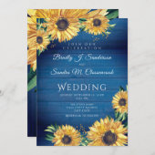 Invitation Rustique Chic Sunflower Marine Mariage en bois ble (Devant / Derrière)