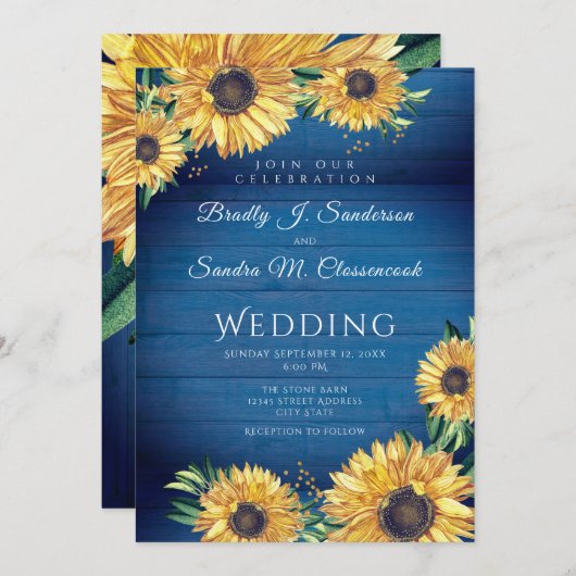 Invitation Rustique Chic Sunflower Marine Mariage en bois ble (Devant / Derrière)