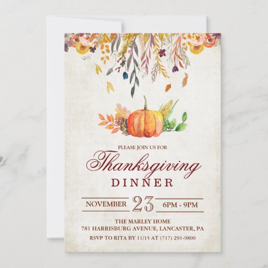 Invitation Rustique Citrouille Automne Thanksgiving Dîner Inv (Devant)