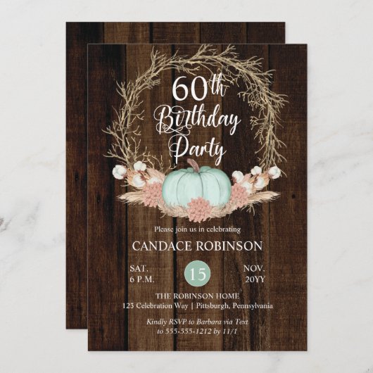 Invitation Rustique Citrouille Pampas Wreath 60e fête d'anniv (Devant / Derrière)