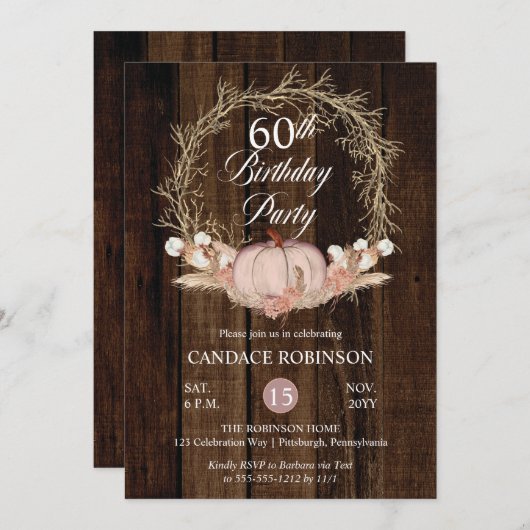 Invitation Rustique Citrouille Pampas Wreath 60e fête d'anniv (Devant / Derrière)