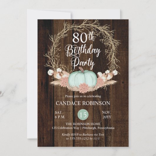 Invitation Rustique Citrouille Pampas Wreath 80e fête d'anniv (Devant)