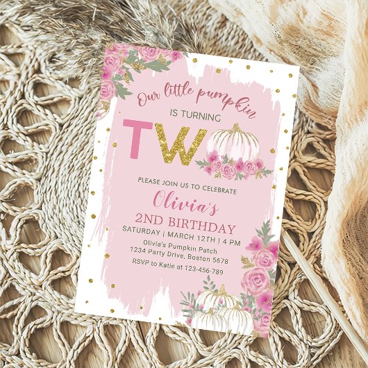 Invitation Rustique Citrouille rose Floral 2e anniversaire