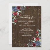 Invitation Rustique clair Dusty bleu Bourgogne Bois Floral (Devant)