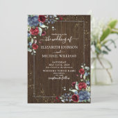Invitation Rustique clair Dusty bleu Bourgogne Bois Floral (Debout devant)