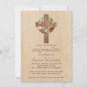 Invitation Rustique Confirmation Rose Wreath Wood Cross (Devant)
