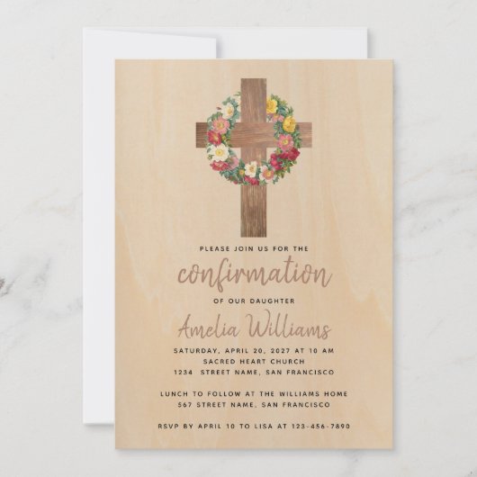 Invitation Rustique Confirmation Rose Wreath Wood Cross (Devant)