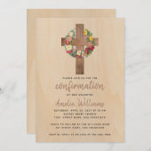 Invitation Rustique Confirmation Rose Wreath Wood Cross (Devant / Derrière)