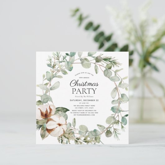 Invitation Rustique Coton hiver verdure Wreath Fête de Fêtes (Debout devant)