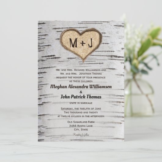 Invitation Rustique Country Birch Tree Initiales Mariage card (Debout devant)