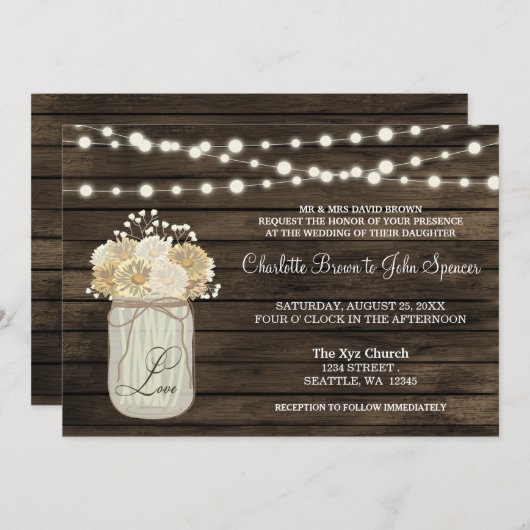 Invitation Rustique Country Mason Jar Daisy Grange Mariage en (Devant / Derrière)
