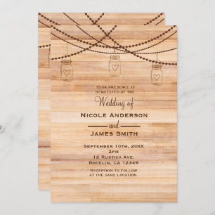 Invitation Rustique Country Wood & Mason Jars Barn Mariage