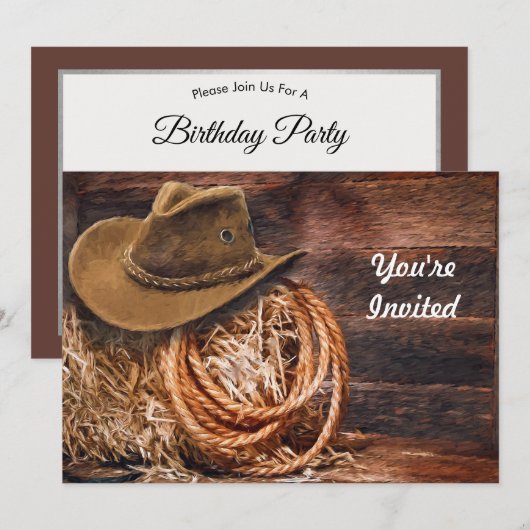 Invitation Rustique Cowboy Casquette Rope Hay Photo Anniversa (Devant / Derrière)