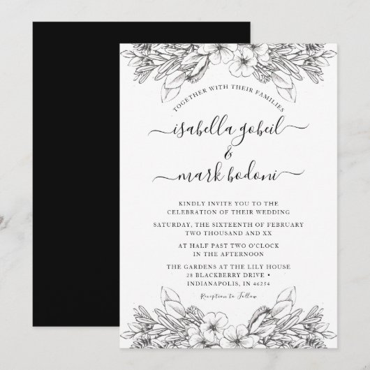 Invitation Rustique croisé floral noir & blanc Mariage (Devant / Derrière)