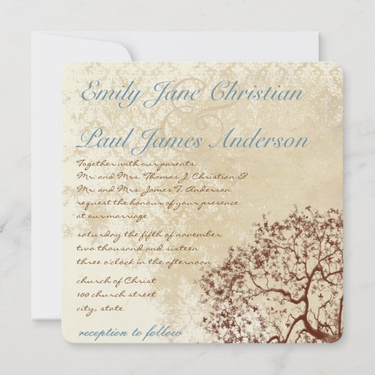 Invitation Rustique Damask Brown Tree Turquoise Font Wedding  (Devant)