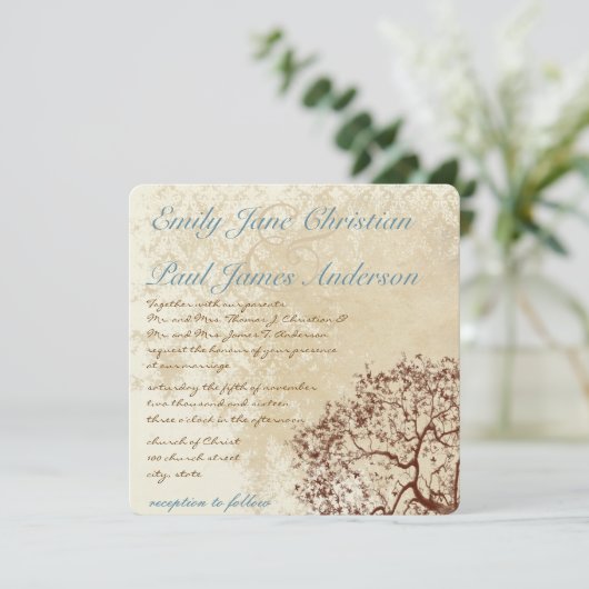 Invitation Rustique Damask Brown Tree Turquoise Font Wedding  (Debout devant)