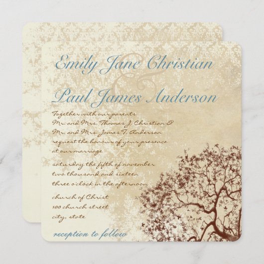 Invitation Rustique Damask Brown Tree Turquoise Font Wedding (Devant / Derrière)