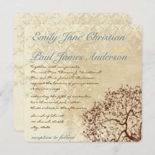 Invitation Rustique Damask Brown Tree Turquoise Font Wedding 