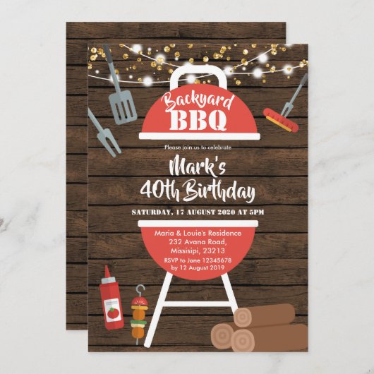 Invitation rustique d'anniversaire de BBQ de (Devant / Derrière)