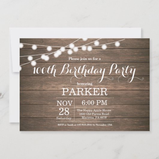 Invitation rustique de 100e anniversaire en bois (Devant)
