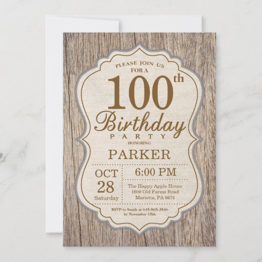 Invitation Rustique de 100e Anniversaire en Bois (Devant)
